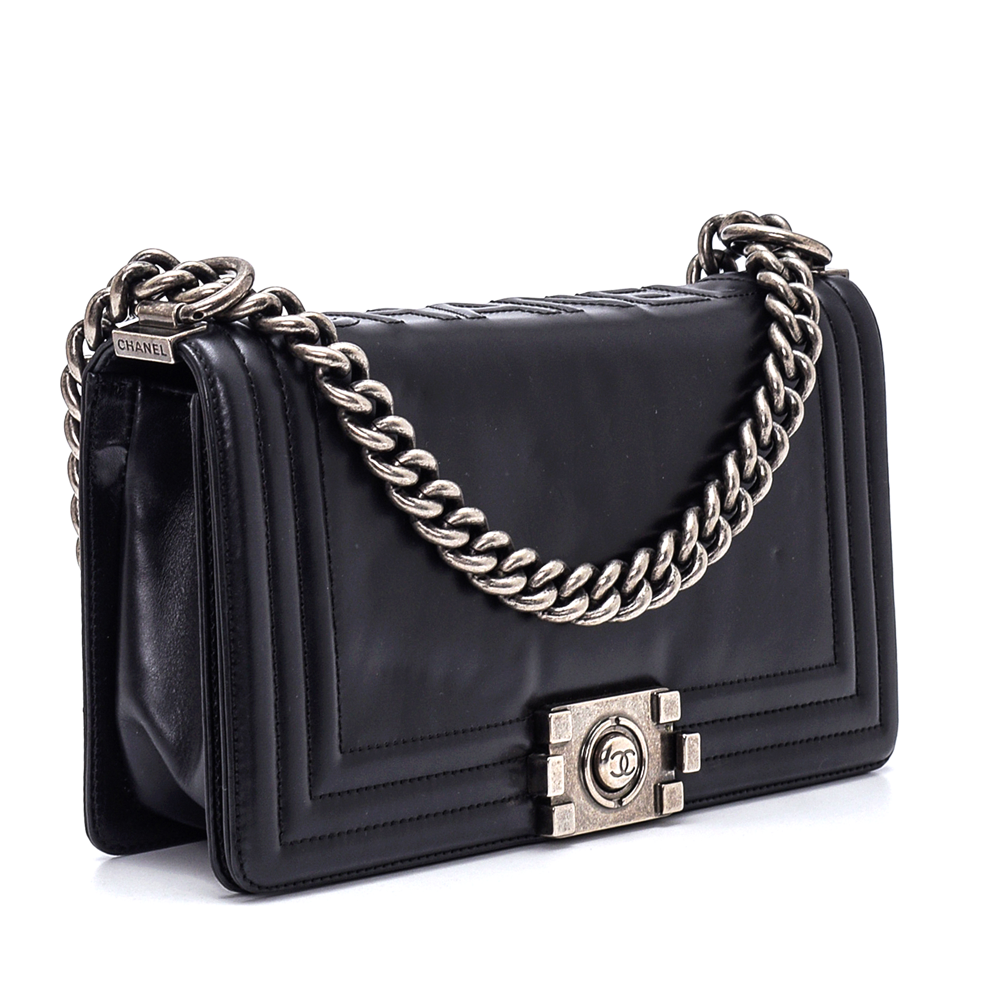 Chanel - Black Calfskin Box Leather Old Medium Boy Bag